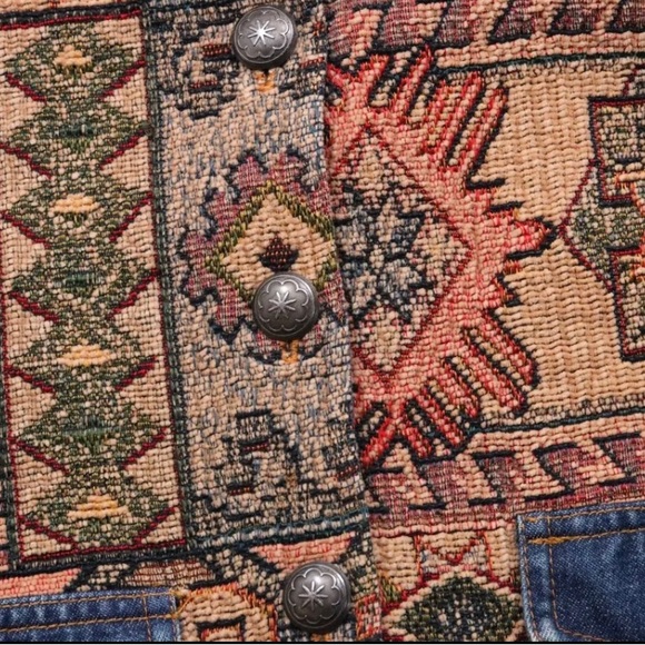 Vintage Denim Tapestry Woven Vest Southwestern Aztec Pattern Women's Petite S - Picture 10 of 11